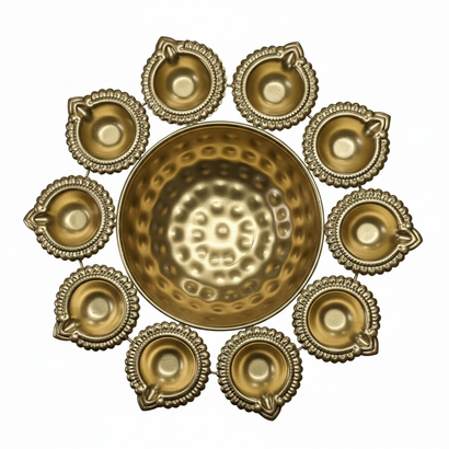 Golden Decorative Bowl with Diyas (20 cm)