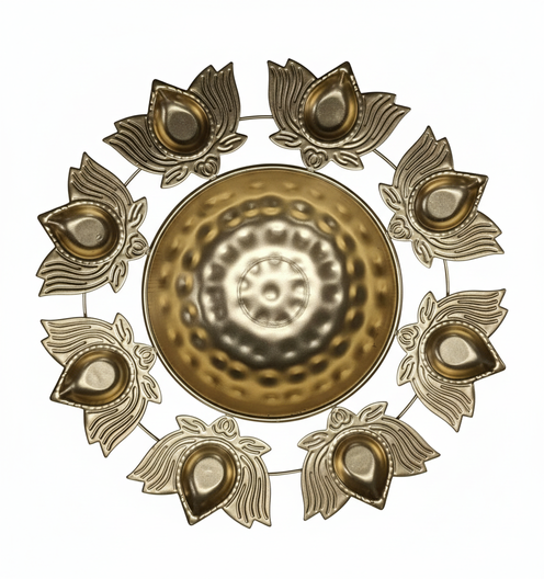 Golden Lotus Design Bowl with 8 diyas