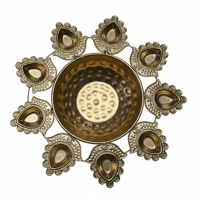 Beautiful golden bowl with 8 diya designs