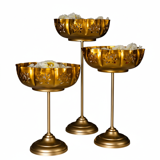 3-Tier Gold Lotus Urli Bowl Stand Set