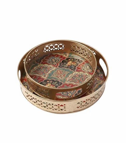 Traditional Round Gold Cutwork Metal Serving Tray Set With Inner Multi Texture Design Decorative Showpiece