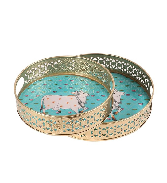 Two Moustaches Kamdhenu Cow with Lotus Flowers Design Serving Trays Set (8 Inches & 10 Inches)