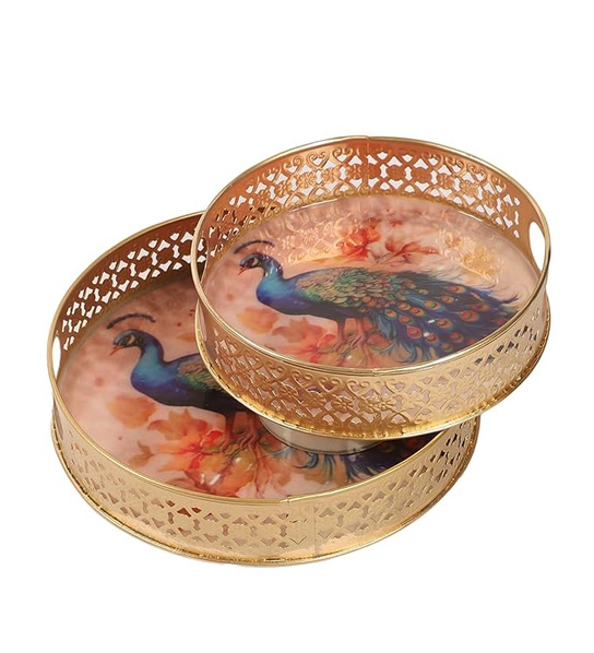 Two Moustaches Peacock Design Serving Trays Set (8 Inches & 10 Inches)