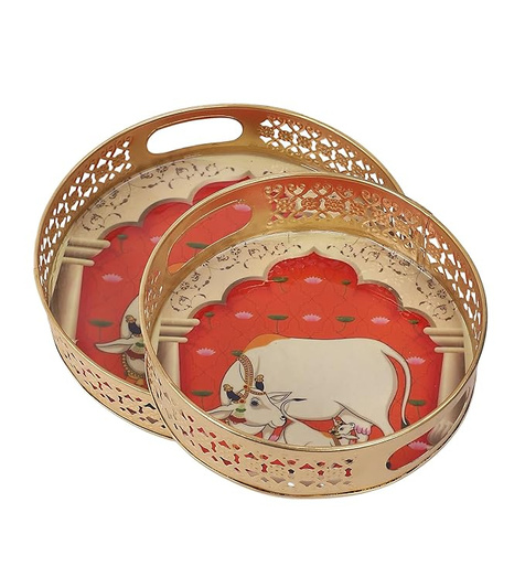 Two Moustaches Kamdhenu Cow & Calf in Darbar Design Serving Trays Set (8 Inches & 10 Inches)