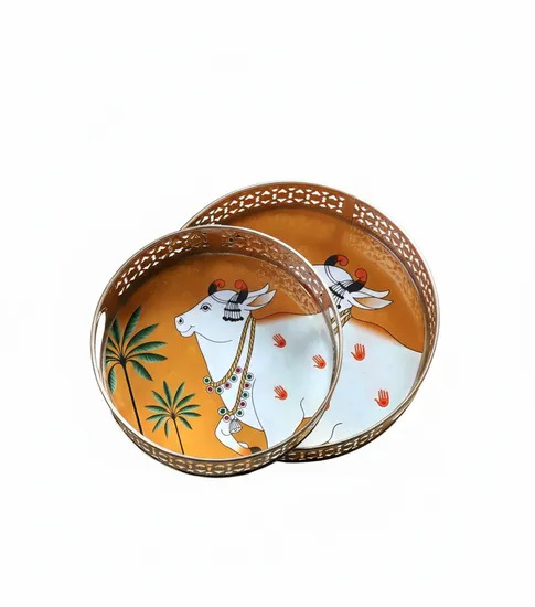Traditional Round Gold Cutwork Metal Serving Tray Set With Inner Multi Texture Design Decorative Showpiece