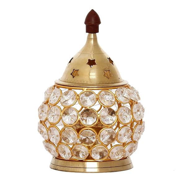 Brass and Crystal Horizontal Shape Akhand Diya/Table Deepak/Oil Lamp with Plastic knob
