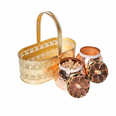 SET OF 2 AIRTIGHT COPPER HAMMERED JARS WITH RECTANGLE METAL BASKET