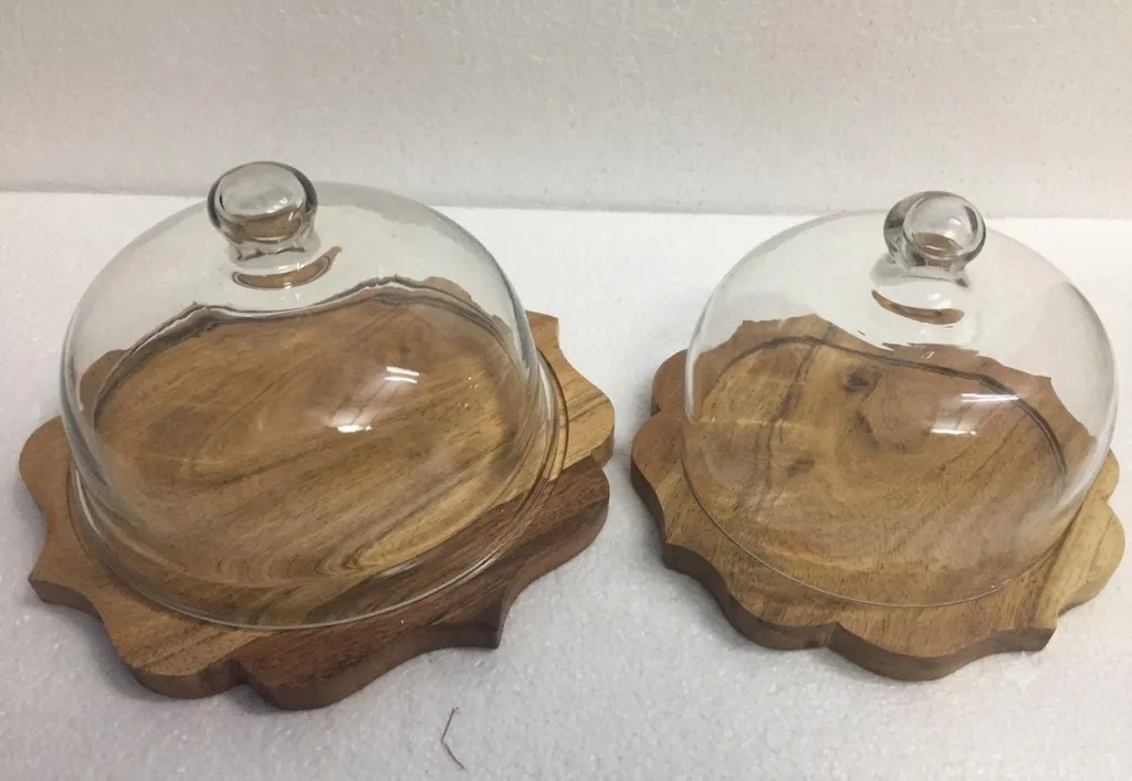 wood cake stand with clear acrylic dome