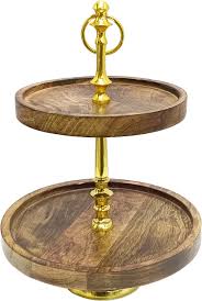 Two-Tier Wooden Serving Cake Stand with Gold Accents