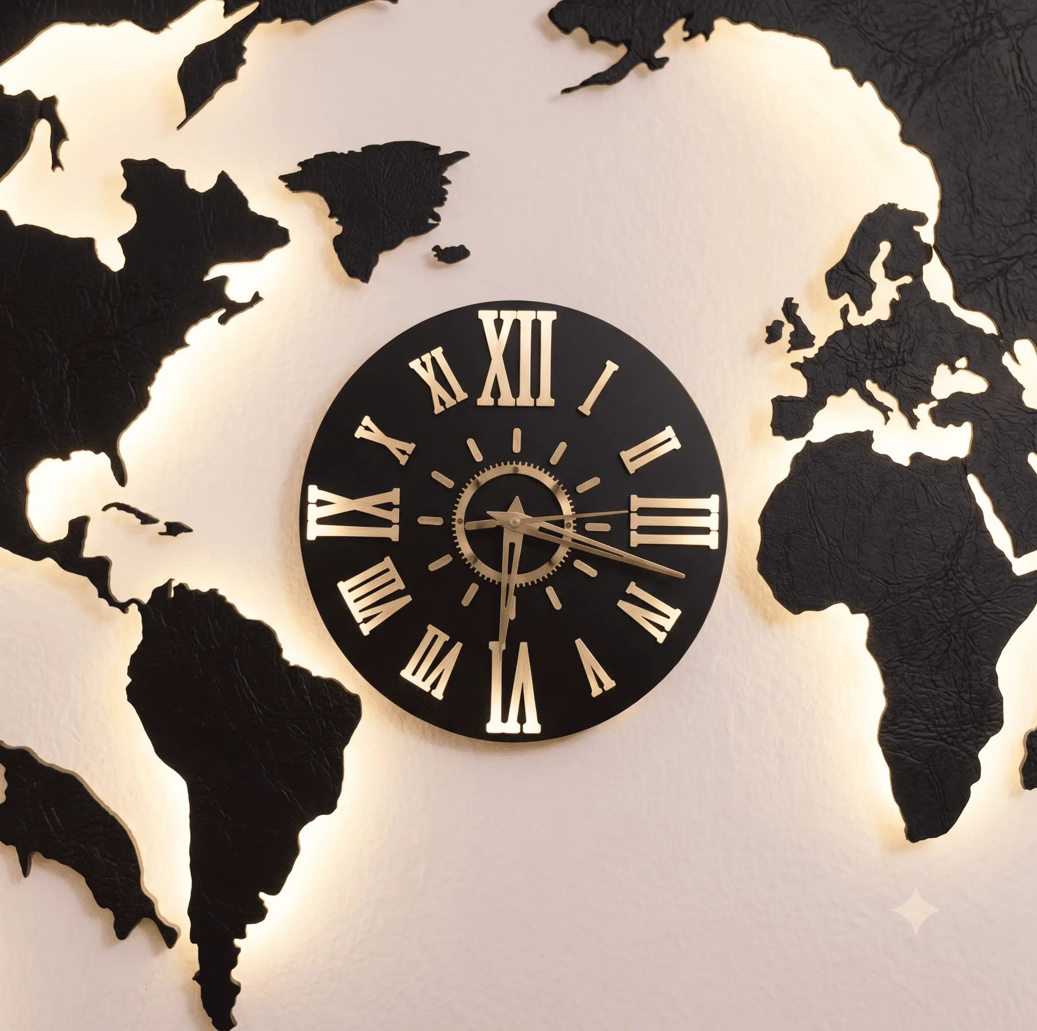 Laser-cut design Clock with gold Roman numerals and a glowing LED backlight.